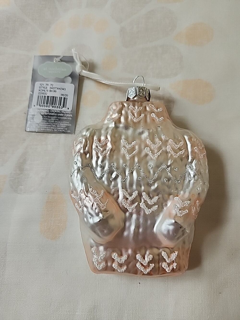 Kohl's Warm & Cozy Sweater Christmas Ornament Pink & Gray Glitter Hard Plastic